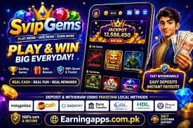 SVIP Gems app home screen with game categories and navigation menu